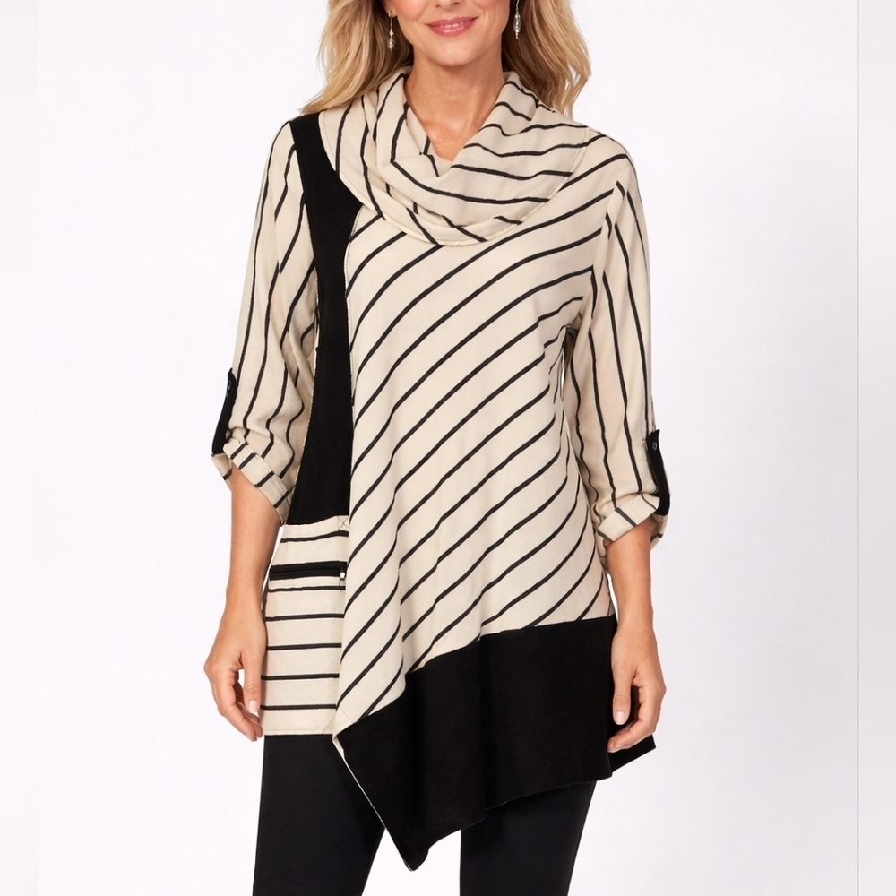 ALI MILES Monochrome Striped Assymetric Angled Cowl Neck Oversized Tunic